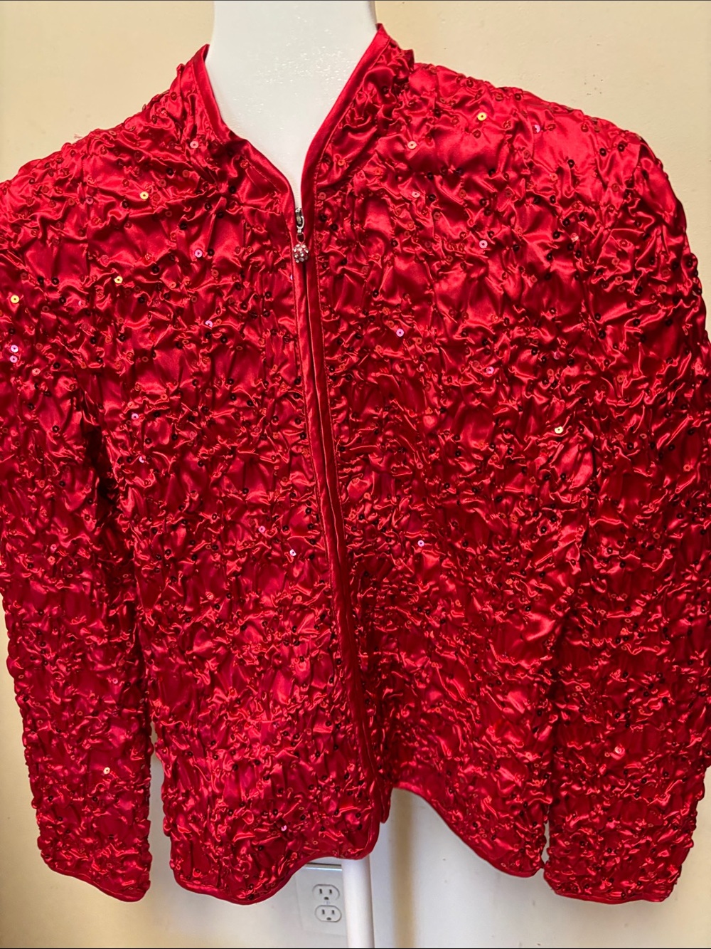 MSK Evenings Rusched Red Sequin Stretchy Jacket Sz M Zip
